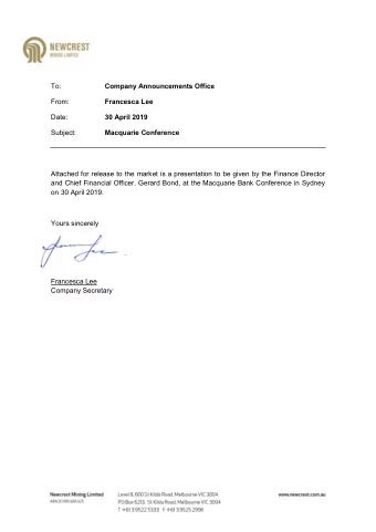 To:  Company Announcements Office  From:  Francesca Lee  Date: 30 April 2019  Subject:  Macquarie