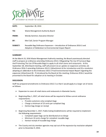 DATE: September 28, 2016 TO: Waste Management Authority Board FROM: Wendy Sommer, Executive