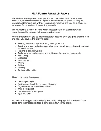 MLA Format Research Papers  The Modern Language Association (MLA) is an organization of students,