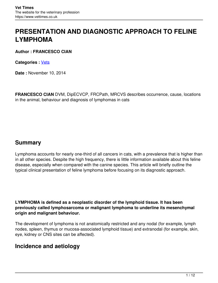 presentation and diagnostic approach to feline lymphoma