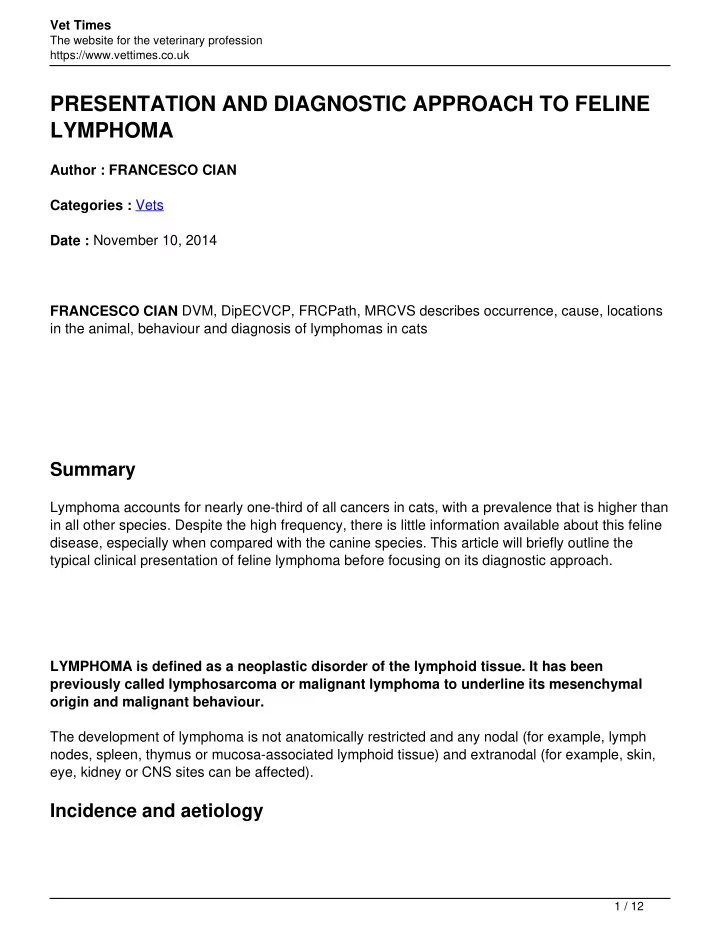 presentation and diagnostic approach to feline lymphoma