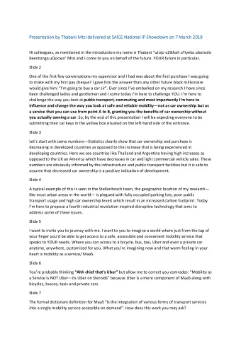 Present  ntation  n by  by Tha  haba  bani  ni Mtsi de  delive  vered  d at SAICE Nationa  nal IP