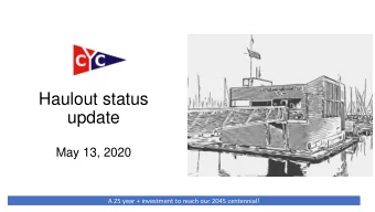 Haulout status  update  May 13, 2020  A 25 year + investment to reach our 2045 centennial!  Agenda