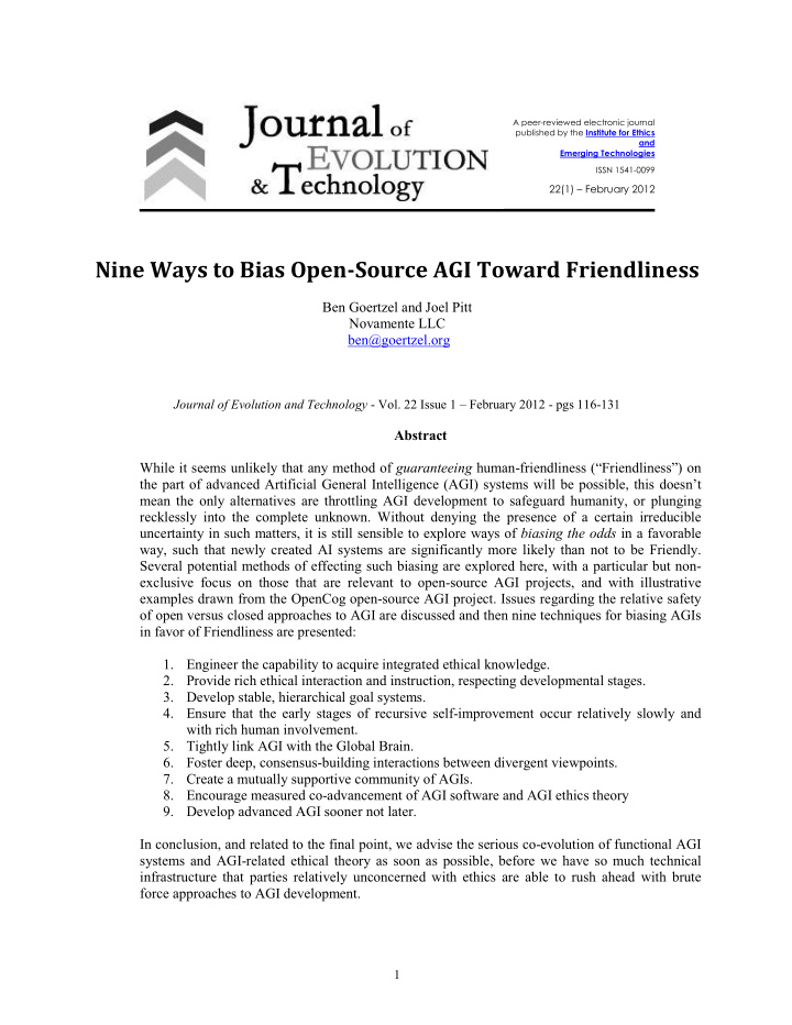 nine ways to bias open source agi toward friendliness