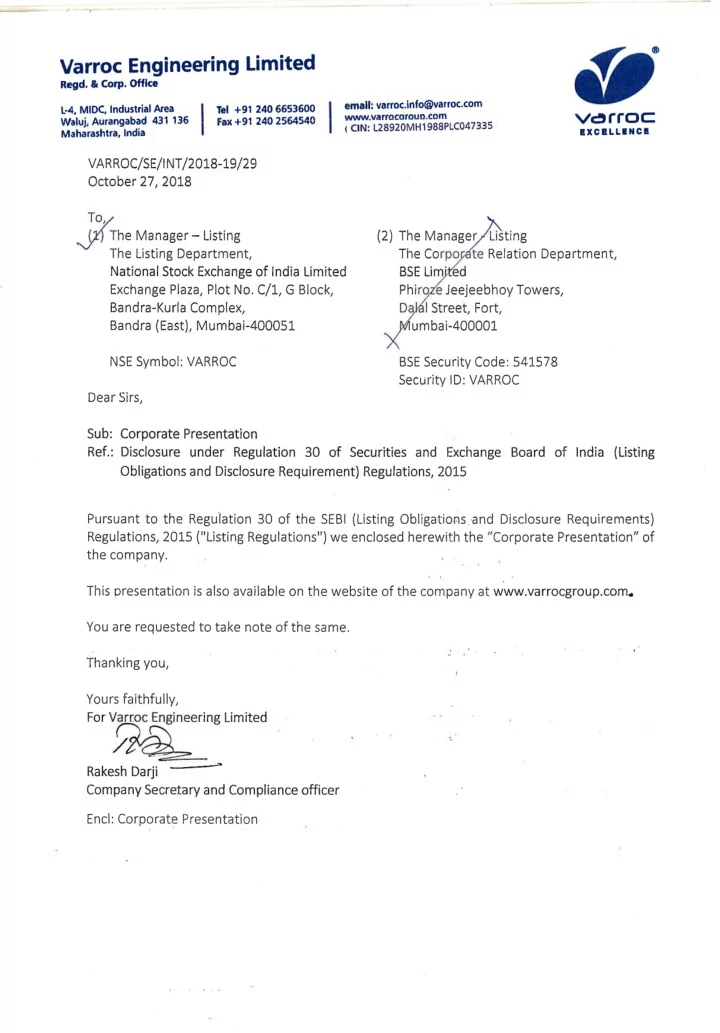 v roc he varroc engineering limited regd corp office l 4