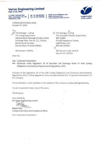 ~  v~roc:  ~he  Varroc Engineering Limited Regd. &amp; Corp. Office L-4. MIDC, Industrial Area I