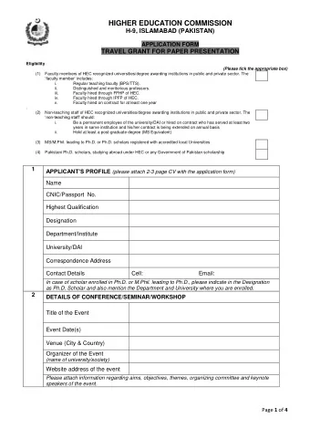 HIGHER EDUCATION COMMISSION  H-9, ISLAMABAD (PAKISTAN)  APPLICATION FORM  TRAVEL GRANT FOR PAPER
