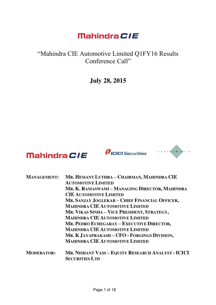mahindra cie automotive limited q1fy16 results conference