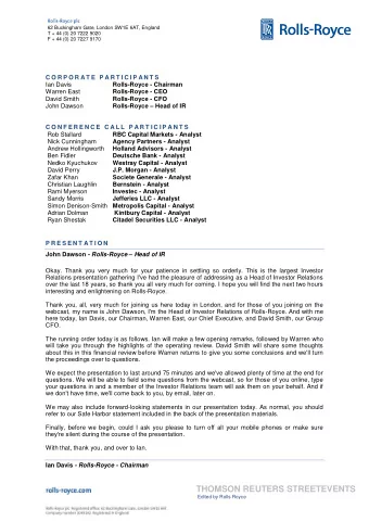 THOMSON REUTERS STREETEVENTS  Edited by Rolls Royce  Thank you, John, and good afternoon, everyone.