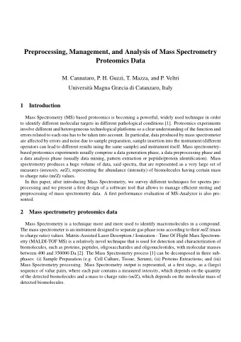 Preprocessing, Management, and Analysis of Mass Spectrometry  Proteomics Data  M. Cannataro, P. H.