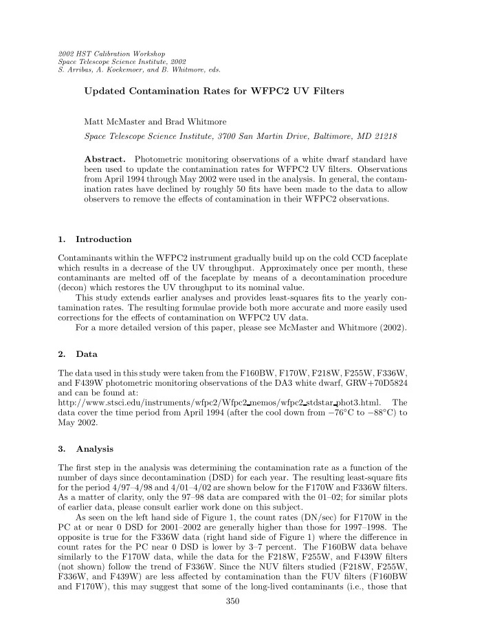 updated contamination rates for wfpc2 uv filters