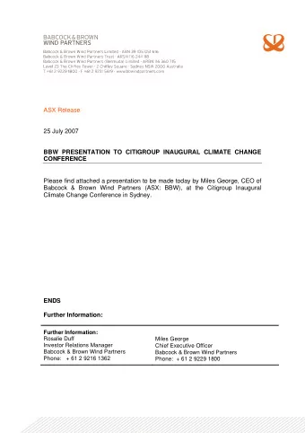 ASX Release  25 July 2007  BBW PRESENTATION TO CITIGROUP INAUGURAL CLIMATE CHANGE  CONFERENCE