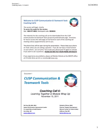 CUSP Communication &amp; Teamwork Tools  Coaching Call 6:  Learning Together &amp; Module Wrap Up