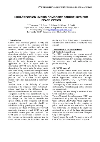 SPACE OPTICS T. Yokoyama 1 *, T. Zama 1 , S. Uehara 1 , S. Sakane 1 , T. Ozaki 2 1 Super Resin
