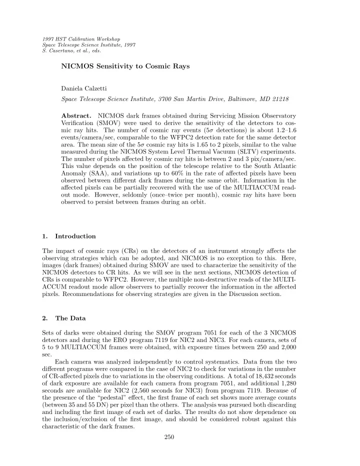 nicmos sensitivity to cosmic rays