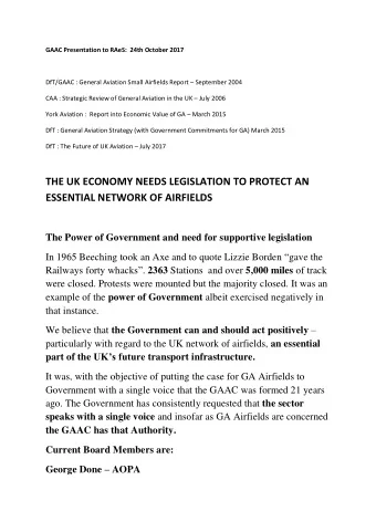 THE UK ECONOMY NEEDS LEGISLATION TO PROTECT AN  ESSENTIAL NETWORK OF AIRFIELDS  The Power of