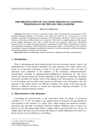 THE PRESENTATION OF A PLANNED TRILINGUAL LOGISTICS  TERMINOLOGY DICTIONARY FOR LEARNERS RENATA