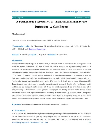 A Pathoplastic Presentation of Trichotillomania in Severe  Depression- A Case Report Malalagama AS