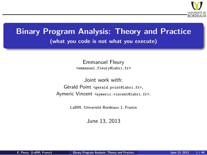binary program analysis theory and practice