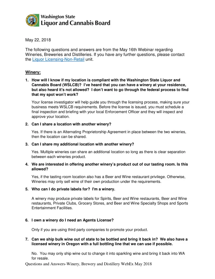 may 22 2018 the following questions and answers are from