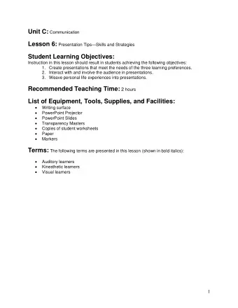 Student Learning Objectives:  Instruction in this lesson should result in students achieving the