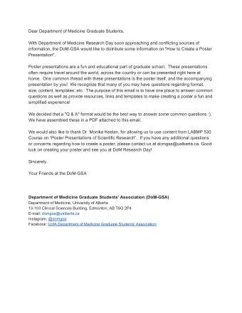 Dear Department of Medicine Graduate Students,  With Department of Medicine Research Day soon