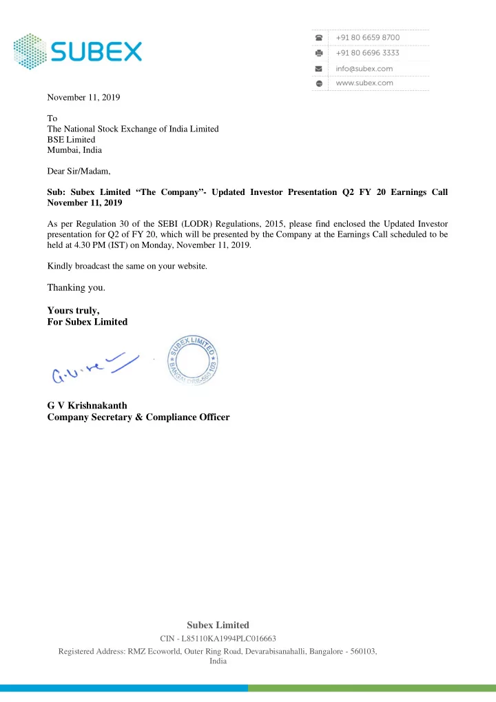 thanking you yours truly for subex limited g v
