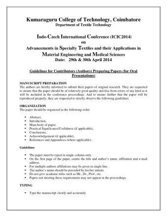 Kumaraguru College of Technology, Coimbatore  Department of Textile Technology I ndo- C zech I