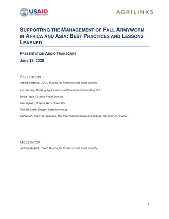 L EARNED P RESENTATION A UDIO T RANSCRIPT J UNE 18, 2020 P RESENTERS  Robert Bertram, USAID Bureau