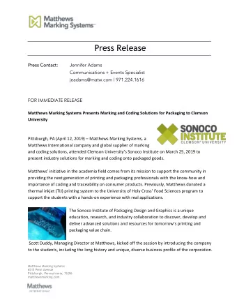 Press Release Press Contact: Jennifer Adams  Communications + Events Specialist  jeadams@matw.com |