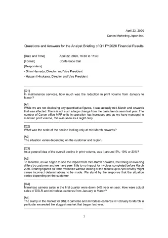 Questions and Answers for the Analyst Briefing of Q1 FY2020 Financial Results [Date and Time] April