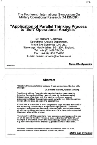 Military Operational Research (14 ISMOR) zyxwvutsrqponmlkjihgfedcbaZYXWVUTSRQPONMLKJIHGFEDCBA  The