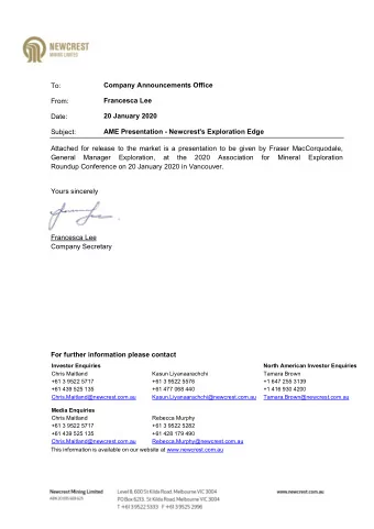 To:  Company Announcements Office  Francesca Lee  From: 20 January 2020  Date:  Subject: AME