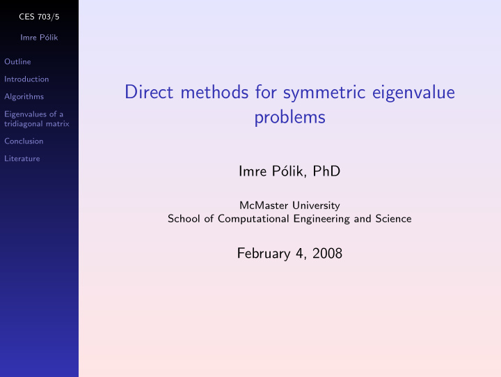 direct methods for symmetric eigenvalue