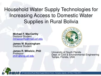 Household Water Supply Technologies for  Increasing Access to Domestic Water  Supplies in Rural