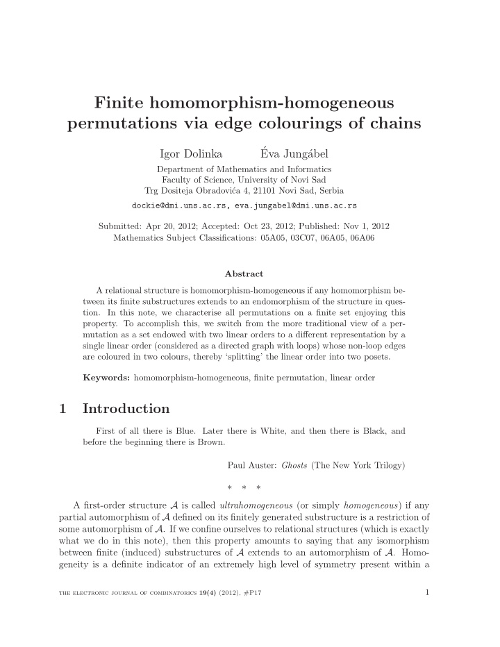 finite homomorphism homogeneous permutations via edge
