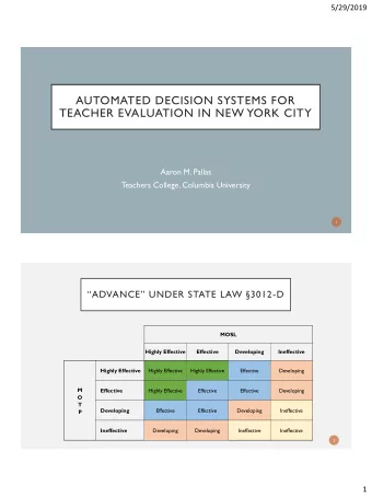 TEACHER EVALUATION IN NEW YORK CITY  Aaron M. Pallas  T  eachers College, Columbia University  1