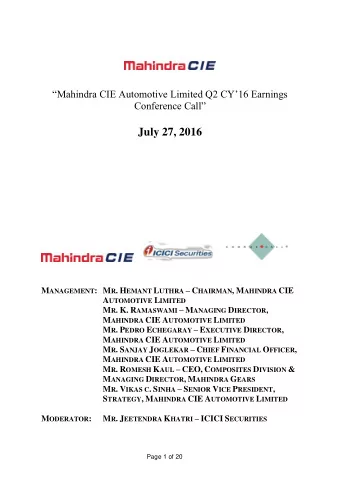 Mahindra CIE Automotive Limited Q2 CY16 Earnings Conference Call  July 27, 2016 M