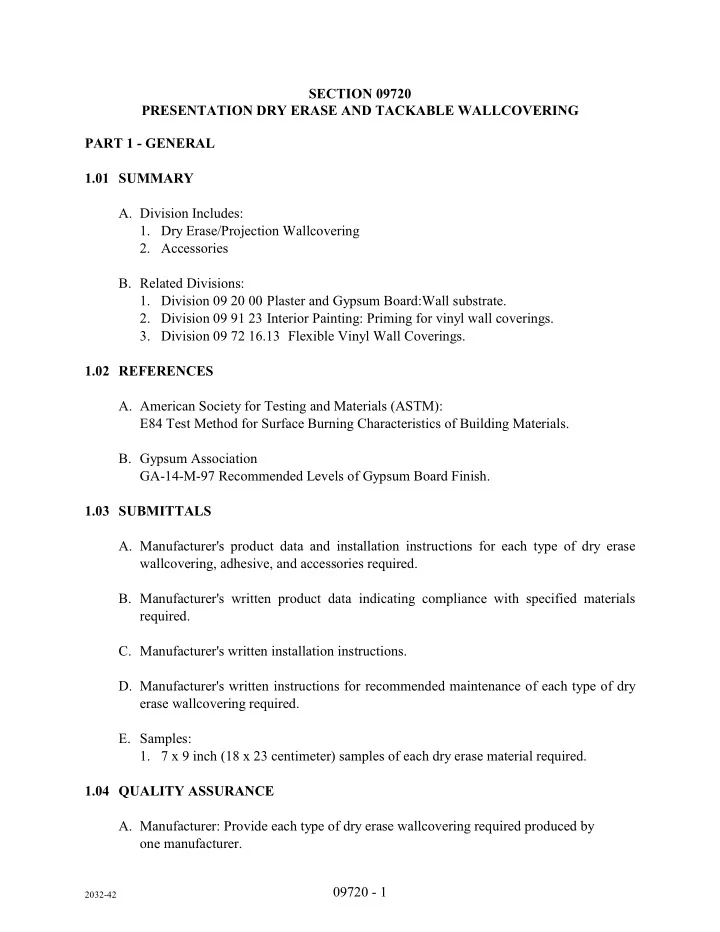 section 09720 presentation dry erase and tackable