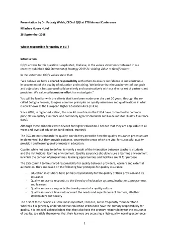 Presentation by Dr. Padraig Walsh, CEO of QQI at ETBI Annual Conference  Killashee House Hotel  26