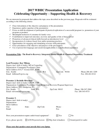 2017 WBHC Presentation Application Celebrating Opportunity  Supporting Health &amp; Recovery  We