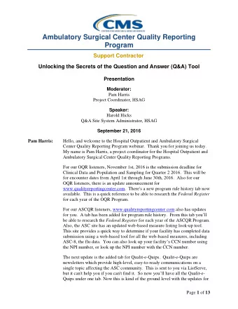 Ambulatory Surgical Center Quality Reporting  Program  Support Contractor  Unlocking the Secrets of