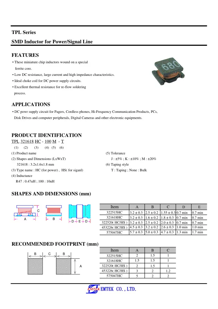 tpl series smd inductor for power signal line features