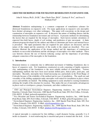GROUTED MICROPILES FOR FOUNDATION REMEDIATION IN EXPANSIVE SOIL John D. Nelson, Ph.D., D.GE. 1 ,