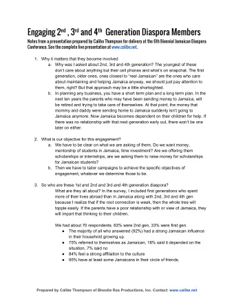 Engaging 2  nd  , 3  rd  and 4  th  Generation Diaspora Members  Notes from a
