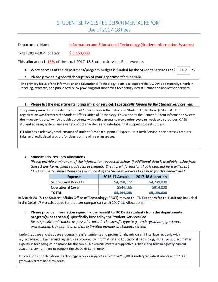 student services fee departmental report use of 2017 18