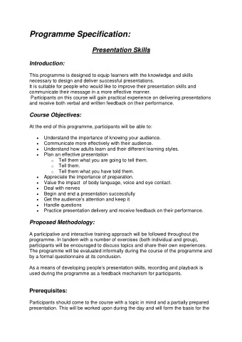Programme Specification: Presentation Skills Introduction:  This programme is designed to equip