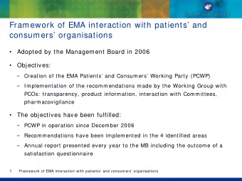 Framework of EMA interaction with patients and  consumers organisations    Adopted by the