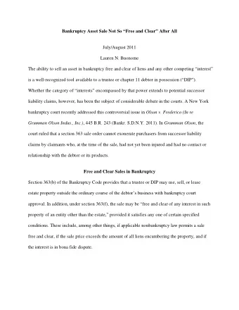 Bankruptcy Asset Sale Not So Free and Clear After All  July/August 2011  Lauren N. Buonome