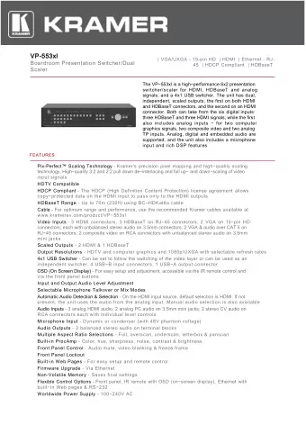 VP-553xl  | VGA/UXGA - 15-pin HD  | HDMI  | Ethernet - RJ-  Boardroom Presentation Switcher/Dual